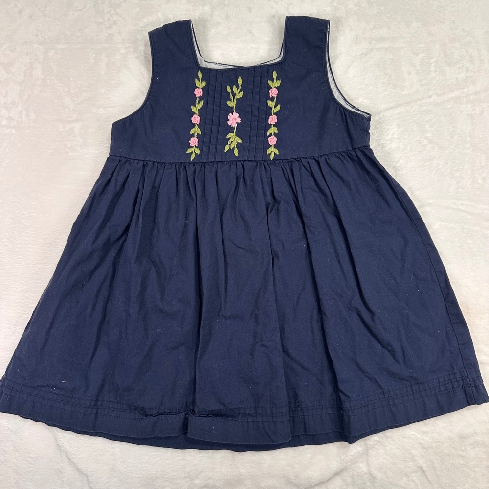 Lil Cactus Floral Embroidered Smock Dress 4T Navy Blue Sleeveless Girls